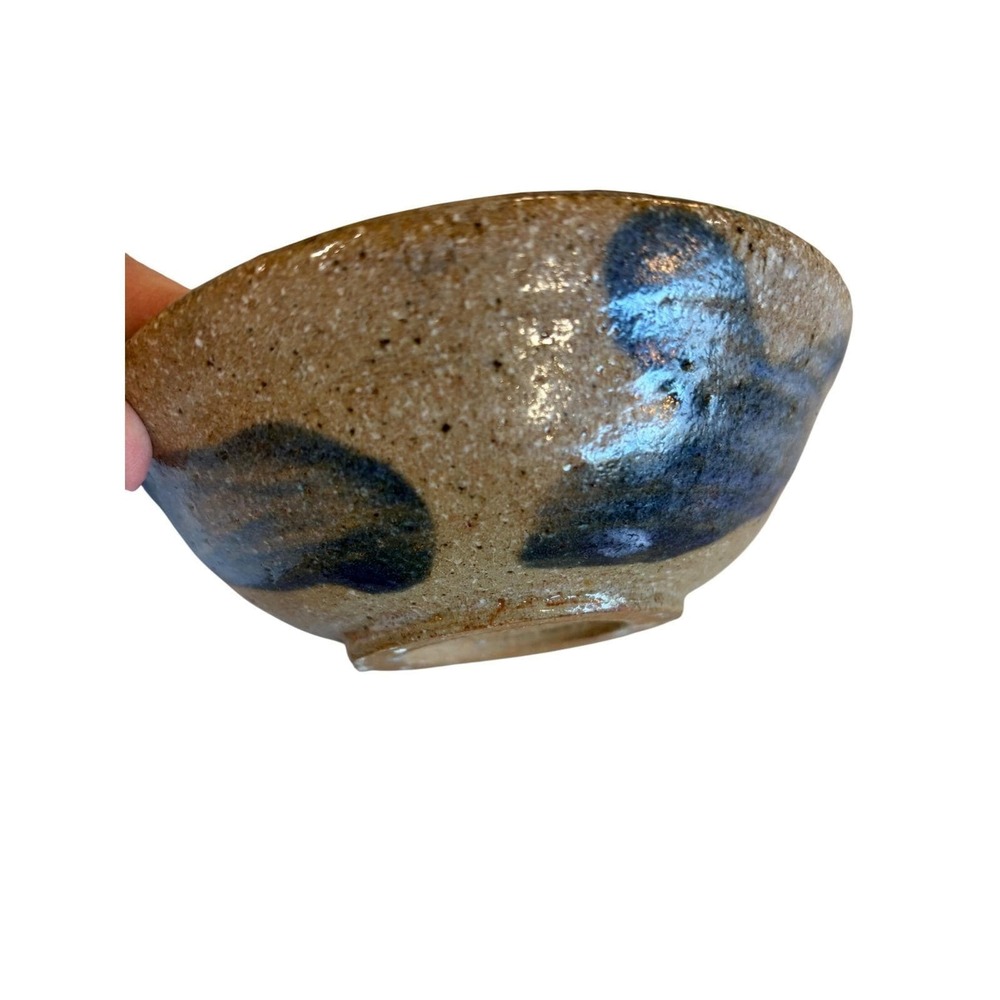 GT Studio Pottery Small Stoneware Bowl Tan Cobalt Blue Abstract Signed 5.5"